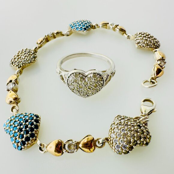 Vintage 925 Sterling Silver Crystal & Turquoise Pavé Clustered Heart Bracelet an - Picture 1 of 12